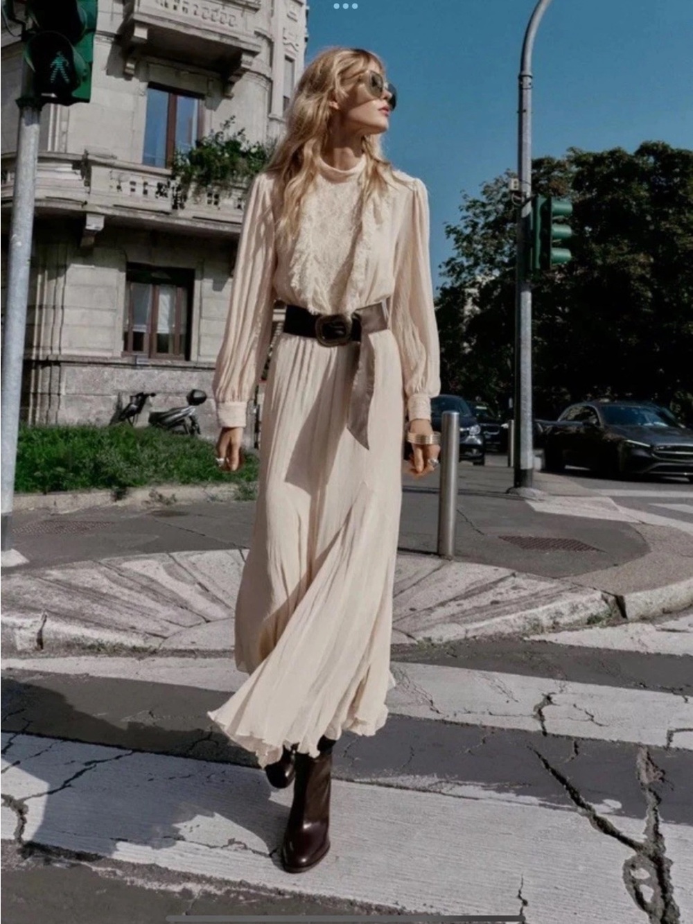 ZARA Cream Pleated Ruffled Boho Maxi Dress with Long Puff Sleeves - Picture 6 of 16